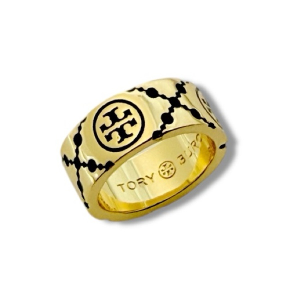 Tory Burch T Monogram Enamel Ring Gold in Black